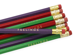 by LZ Pencils  Listing is for one 'FEELINGS' pencil.  All type is set by hand and lovingly hand-pressed onto each and every pencil.  Pencils write in standard #2 gray graphite, perfect for gifting.  PLEASE NOTE COLORS ARE RANDOM AND WILL VARY FROM WHAT IS PICTURED.