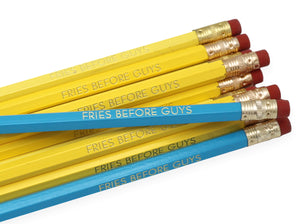 by LZ Pencils. Listing is for one Fries Before Guys Pencil. All type is set by hand and lovingly hand-pressed onto each and every pencil. Pencils write in standard #2 gray graphite, perfect for gifting. PLEASE NOTE COLORS ARE RANDOM AND WILL VARY FROM WHAT IS PICTURED.