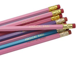 by LZ Pencils. Listing is for one Magical Babe Pencil. All type is set by hand and lovingly hand-pressed onto each and every pencil. Pencils write in standard #2 gray graphite, perfect for gifting. PLEASE NOTE COLORS ARE RANDOM AND WILL VARY FROM WHAT IS PICTURED.