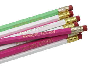 by LZ Pencils. Listing is for one Namaste Bitches Pencil. All type is set by hand and lovingly hand-pressed onto each and every pencil. Pencils write in standard #2 gray graphite, perfect for gifting. PLEASE NOTE COLORS ARE RANDOM AND WILL VARY FROM WHAT IS PICTURED.