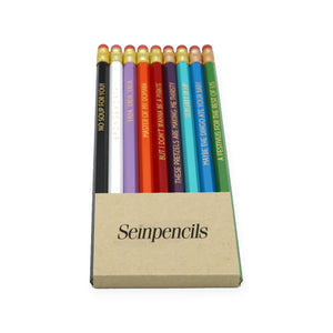 by LZPENCILS. Seinpencils Pencil Set. This 9-pencil set is imprinted with phrases inspired by the series "Seinfeld". NO SOUP FOR YOU! S P O N G E W O R T H Y. YADA YADA YADA. MASTER OF MY DOMAIN. BUT I DON'T WANNA BE A PIRATE. THESE PRETZELS ARE MAKING ME THIRSTY. SERENITY NOW! MAYBE THE DINGO ATE YOUR BABY. A FESTIVUS FOR THE REST OF US. Pencils write in standard gray #2 graphite and individually hand printed on a vintage press. Measures approximately 2.5 x 7.5 inches.
