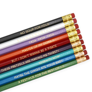 by LZPENCILS. Seinpencils Pencil Set. This 9-pencil set is imprinted with phrases inspired by the series "Seinfeld". NO SOUP FOR YOU! S P O N G E W O R T H Y. YADA YADA YADA. MASTER OF MY DOMAIN. BUT I DON'T WANNA BE A PIRATE. THESE PRETZELS ARE MAKING ME THIRSTY. SERENITY NOW! MAYBE THE DINGO ATE YOUR BABY. A FESTIVUS FOR THE REST OF US. Pencils write in standard gray #2 graphite and individually hand printed on a vintage press. Measures approximately 2.5 x 7.5 inches.