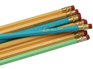 by LZ Pencils. Listing is for one Slay All Day Pencil. All type is set by hand and lovingly hand-pressed onto each and every pencil. Pencils write in standard #2 gray graphite, perfect for gifting. PLEASE NOTE COLORS ARE RANDOM AND WILL VARY FROM WHAT IS PICTURED.