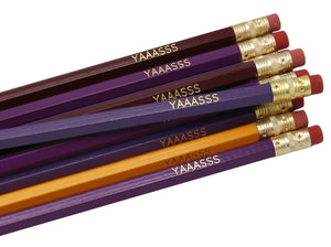 by LZ Pencils. Listing is for one YAAASSSS Pencil. All type is set by hand and lovingly hand-pressed onto each and every pencil. Pencils write in standard #2 gray graphite, perfect for gifting. PLEASE NOTE COLORS ARE RANDOM AND WILL VARY FROM WHAT IS PICTURED.