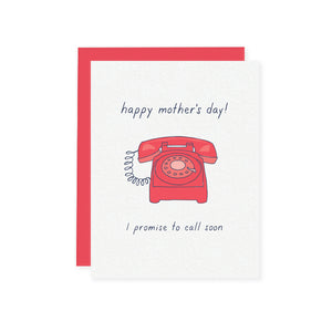 By Little Goat Paper Co. Go ahead and give your mom a call. It will make her day. Call Your Mom Card details: Blank inside for your personal message. Flat printed. A2 folded card, 4 1/4" x 5 1/2". 110lb felted paper. Clear plastic sleeve packaging.