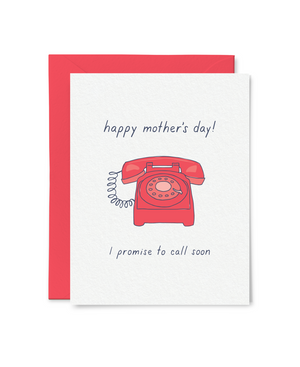 By Little Goat Paper Co. Go ahead and give your mom a call. It will make her day. Call Your Mom Card details: Blank inside for your personal message. Flat printed. A2 folded card, 4 1/4" x 5 1/2". 110lb felted paper. Clear plastic sleeve packaging.