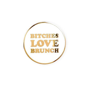 By Little Arrow. Bitches Love Brunch Lapel Pin features: Cloisonné hard enamel set in 22kt plated gold and dual pins with rubber backs. Measures 1.25 x 1.25 inches.