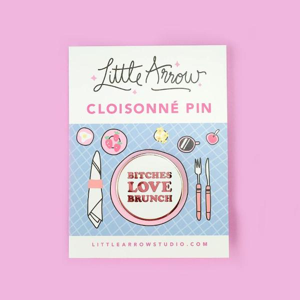 By Little Arrow. Bitches Love Brunch Lapel Pin features: Cloisonné hard enamel set in 22kt plated gold and dual pins with rubber backs. Measures 1.25 x 1.25 inches.