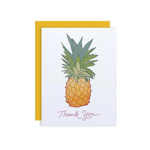 By Little Arrow. Pineapple Express Thank You Card. Pineapples symbolize gratitude and hospitality. Plus, they're super cool looking! This folded card comes with a blank interior and matching envelope. Printed full color on thick white cover paper. Made in the USA. Measures 4 1/4 x 5 1/2 inches.