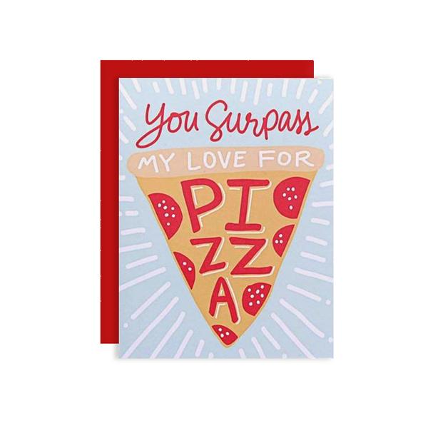 By Little Arrow. This folded Pizza My Heart Card comes with a blank interior and matching envelope. Printed full color on thick white cover paper. Made in the USA. Measures 4 1/4 x 5 1/2 inches. Also available in store at FOLD Gallery DTLA.