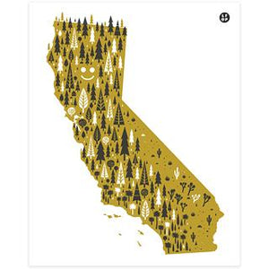 By Little Friends of Printmaking. California Forests Silkscreen Print. The SUPER-GLITTERY metallic gold ink sets off a fun minimalist design. Measures 8 x 10 inches. Also available in store at FOLD Gallery in DTLA.