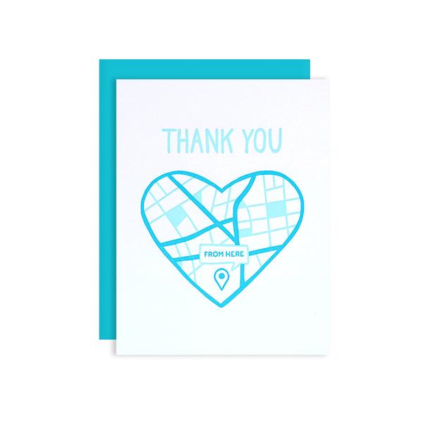 By Loudhouse Creative. Bottom of My Heart Thank You Card features: two-color letterpress printing, hand-drawn illustrations, 100% brilliant white cotton paper, blank inside, aqua envelope, cello sleeve packaging. Hand-printed on an antique letterpress in Los Angeles, California. Also available in store at FOLD Gallery in DTLA.