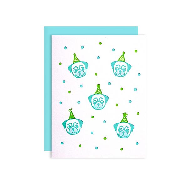 By Loudhouse Creative. Party Pugs Card: two-color letterpress printing, hand-drawn illustrations, 100% brilliant white cotton paper, blank inside, matching aqua envelope, cello sleeve packaging. Hand-printed on an antique letterpress in Los Angeles, California. Folded card measures 4.25 x 5.5 inches. Also available in store at FOLD Gallery DTLA.