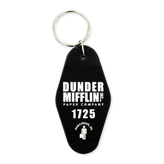 By Loudmouth Pin Co. Dunder Mifflin Keychain. Black rubber keychain measures approximately 3.5 x 2 inches. Comes with a 1 inch metal keyring.