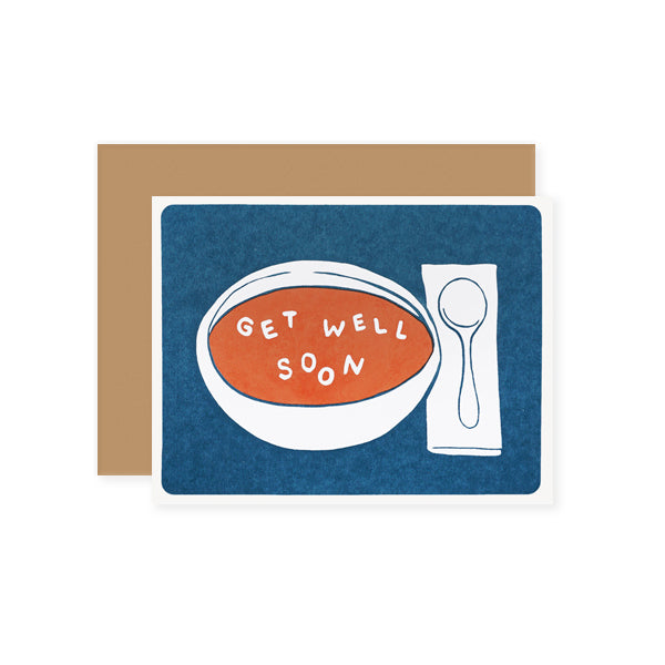 by Lucky Horse Press. Get Well Soon Soup Card details: Letterpress printed 100 lb. Recycled cover. Blank inside. Matching envelopes. 4.25" × 5.5" folded card. Please note that due to everyone’s monitor displaying differently, the colors you see may vary.