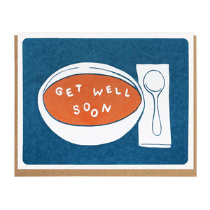by Lucky Horse Press. Get Well Soon Soup Card details: Letterpress printed 100 lb. Recycled cover. Blank inside. Matching envelopes. 4.25" × 5.5" folded card. Please note that due to everyone’s monitor displaying differently, the colors you see may vary.