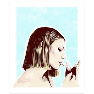 By Lucky Jackson. Margot Smoking Print: Illustration is printed on heavy 100lb white card stock with white border. Signed on the back by artist. Colors may slightly vary due the variable color settings on monitors, laptops, tablets and smart phones. Print comes in polypropylene sleeve. Measures 8.5 x 11 inches. Also available in store at FOLD Gallery DTLA.