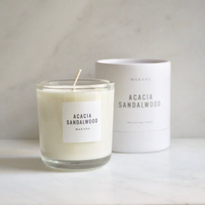 By Makana Candles. Acacia Sandlewood Candle: A composition of sultry sandalwood, oud and acacia, ever so softened by warmed vanilla and tonka. Hand-poured in-house in small batches using simple, clean ingredients – 100% soy wax, lead-free cotton wicking, and phthalate-free fragrances blended with pure essential oils.