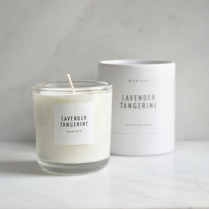 By Makana Candles Lavender Tangerine Candle: A composition of lavender, eucalyptus and tangerine, this scent promotes balance, peace and mindfulness. Hand-poured in-house in small batches using simple, clean ingredients – 100% soy wax, lead-free cotton wicking, and phthalate-free fragrances.