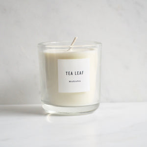 By Makana Candles. Tea Leaf Candle: Gestures of lemon verbena, ginger, white tea, and sage provide a clean and luxurious aroma, creating tranquility and sophistication. Hand-poured in-house in small batches using simple, clean ingredients – 100% soy wax, lead-free cotton wicking, and phthalate-free fragrances.