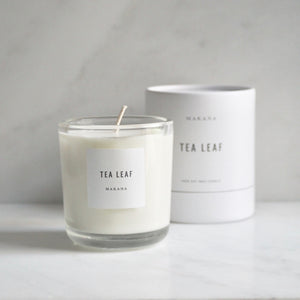 By Makana Candles. Tea Leaf Candle: Gestures of lemon verbena, ginger, white tea, and sage provide a clean and luxurious aroma, creating tranquility and sophistication. Hand-poured in-house in small batches using simple, clean ingredients – 100% soy wax, lead-free cotton wicking, and phthalate-free fragrances.