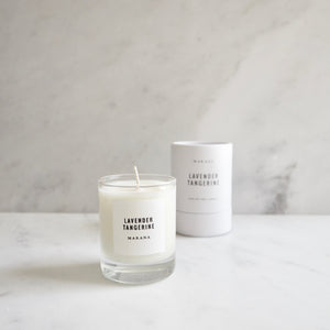 By Makana Candles Lavender Tangerine Candle: A composition of lavender, eucalyptus and tangerine, this scent promotes balance, peace and mindfulness. Hand-poured in-house in small batches using simple, clean ingredients – 100% soy wax, lead-free cotton wicking, and phthalate-free fragrances.