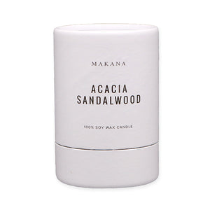 By Makana Candles. Acacia Sandlewood Candle: A composition of sultry sandalwood, oud and acacia, ever so softened by warmed vanilla and tonka. Hand-poured in-house in small batches using simple, clean ingredients – 100% soy wax, lead-free cotton wicking, and phthalate-free fragrances blended with pure essential oils.