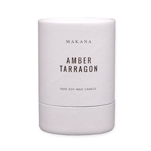 By Makana Candles. Amber Tarragon Candle: Resinous amber accented by vanilla and fennel, unveiling a heart of fresh tarragon, tuberose and basil, and finished with an accord of sensuous woods. Hand-poured in-house in small batches using simple, clean ingredients.