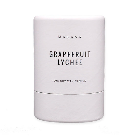 By Makana Candles Grapefruit Lychee Candle: Refreshing and addicting, a citrus accord of grapefruit, pomelo and yuzu, accented by notes of lychee and lilikoi, sweetened with a base of vanilla sugar. Hand-poured in-house in small batches using simple, clean ingredients – 100% soy wax, lead-free cotton wicking.