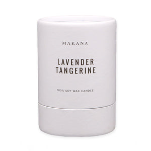 By Makana Candles Lavender Tangerine Candle: A composition of lavender, eucalyptus and tangerine, this scent promotes balance, peace and mindfulness. Hand-poured in-house in small batches using simple, clean ingredients – 100% soy wax, lead-free cotton wicking, and phthalate-free fragrances.