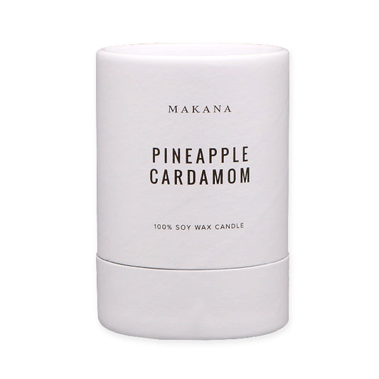 By Makana Candles Pineapple Cardamom Candle: This refreshing scent starts with pineapple, revealing a hint of calamansi lime. Spicy-sweet notes of cardamom and black pepper are uncovered and finished with creamy vanilla. Hand-poured in-house in small batches using simple, clean ingredients.