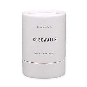 By Makana Candles. Rosewater Candle: A soft garden rose fragrance with a citrus undertone. Notes of geranium and violet are revealed, while vetiver and rosewood lightly ground this beautiful scent. Hand-poured in-house in small batches using simple, clean ingredients.