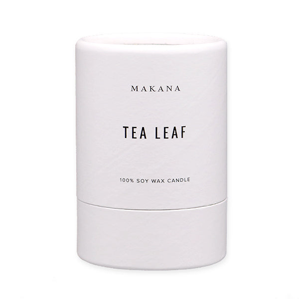 By Makana Candles. Tea Leaf Candle: Gestures of lemon verbena, ginger, white tea, and sage provide a clean and luxurious aroma, creating tranquility and sophistication. Hand-poured in-house in small batches using simple, clean ingredients – 100% soy wax, lead-free cotton wicking, and phthalate-free fragrances.