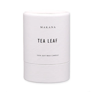 By Makana Candles. Tea Leaf Candle: Gestures of lemon verbena, ginger, white tea, and sage provide a clean and luxurious aroma, creating tranquility and sophistication. Hand-poured in-house in small batches using simple, clean ingredients – 100% soy wax, lead-free cotton wicking, and phthalate-free fragrances.