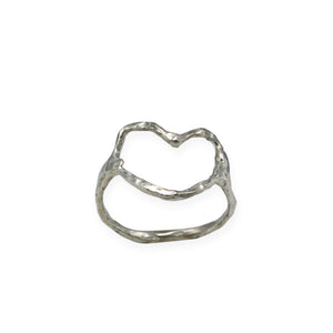 by Mouré Designs  The Wild Hearts Ring is hand hammered sterling silver. Each ring is unique and the heart shape may slightly vary from picture due to its handmade nature.  Available in size 6 or 7.   Please note that due to everyone’s monitor displaying differently, the colors you see may vary.