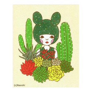 By Naoshi. This Cactus Girl Art Print is a scanned and resized version of SUNAE (sand art). Printed on Fine Art Paper (270g/㎡). It has a backing board and individually wrapped in a clear plastic sleeve. Measures 8 × 10 inches. Also available in store at FOLD Gallery in DTLA.