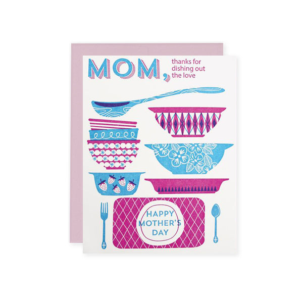 By Paper Parasol Press. Send your mom some pyrex cheer for Mother's Day! Dishing Out the Love Card details: A2 Size. 2 color letterpress printed card. Blank interior. Comes with a light purple envelope. Printed in the USA.