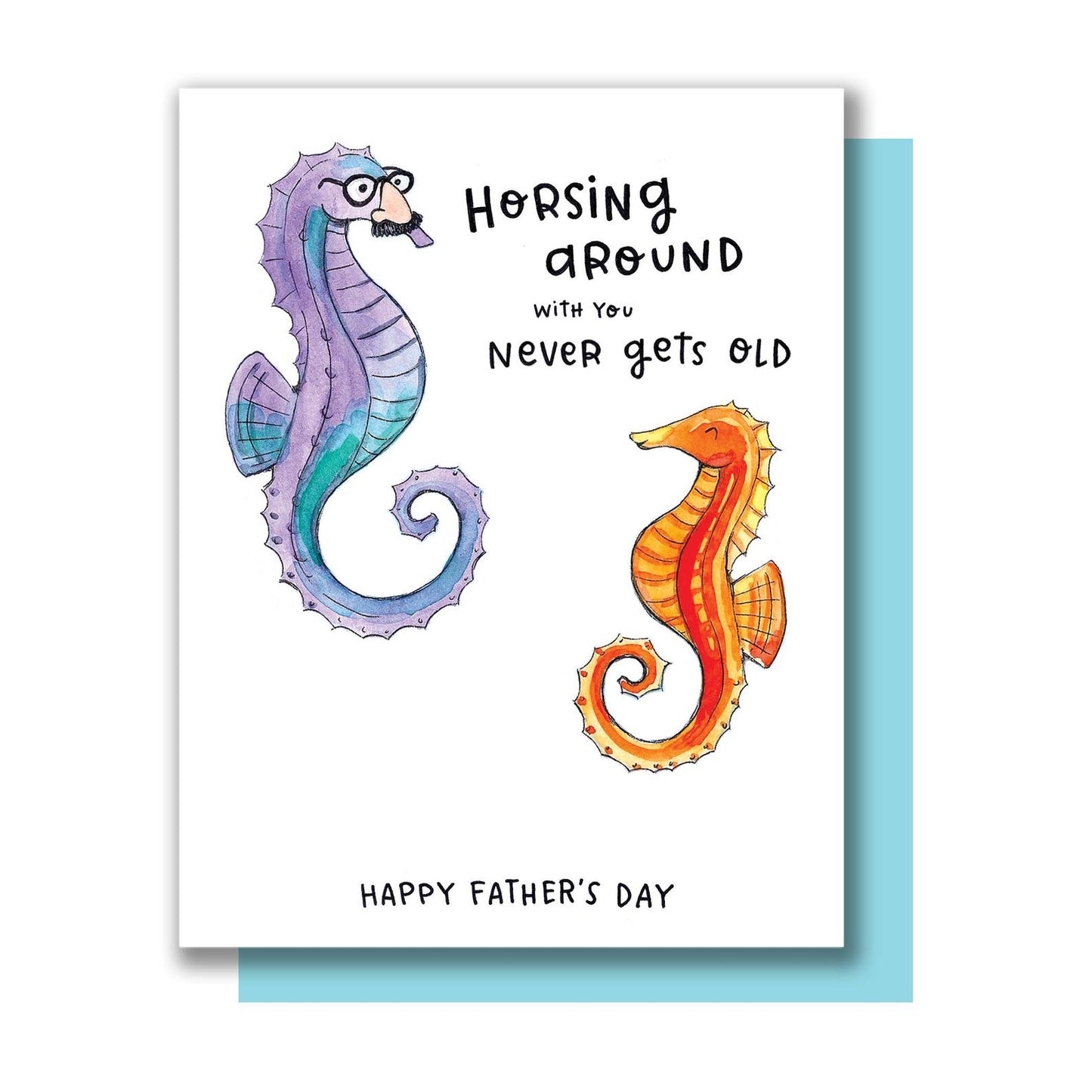 By Paper Wilderness. Did you know male seahorses are the ones who give birth? Now that's an awesome dad! Let yours know you appreciate him and his antics with this silly seahorse pair! Seahorse Dad Card details: Original watercolor illustration printed on 110 lb. premium bright white paper. 4.25 x 5.5" card. Blank inside for your message. Comes with a teal paper envelope in a protective cellophane sleeve!