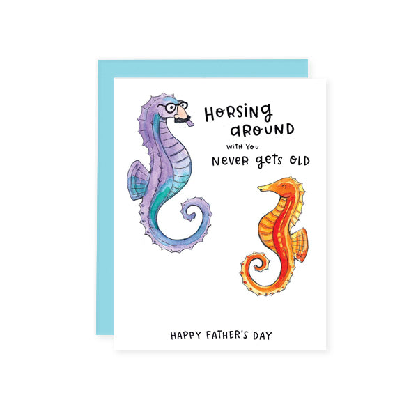 By Paper Wilderness. Did you know male seahorses are the ones who give birth? Now that's an awesome dad! Let yours know you appreciate him and his antics with this silly seahorse pair! Seahorse Dad Card details: Original watercolor illustration printed on 110 lb. premium bright white paper. 4.25 x 5.5" card. Blank inside for your message. Comes with a teal paper envelope in a protective cellophane sleeve!