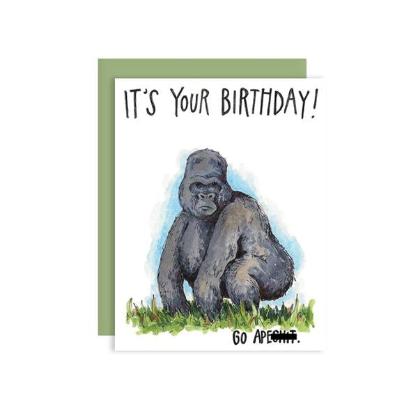 By Paper Wilderness. This Apeshit Birthday Card is the perfect birthday card for anyone! The first photo is censored, the second is what it really says. Original watercolor illustration printed on 100 lb. premium cover bristol paper. Blank inside for your message. Comes with a green paper envelope.
