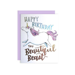 By Paper Wilderness. This fabulous Beautiful Beast Birthday Card is ready to wish the recipient a great one with holographic glitter foil hand lettered text. Original watercolor illustration printed on 110 lb. premium bright white cover paper. Holographic glitter foil text. Blank inside. 4.25 x 5.5 inches. FOLD Gallery Dtla.