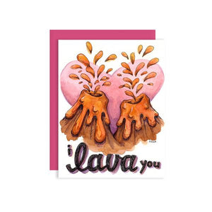By Paper Wilderness. What did one volcano say to the other volcano? I lava you! Lava You Card: Original watercolor illustration printed on 100 lb. premium cover bristol paper. Blank inside for your message. Comes with a hot pink paper envelope in a protective cellophane sleeve. Measures 4.25 x 5.5 inches. Also available in store at FOLD Gallery DTLA.