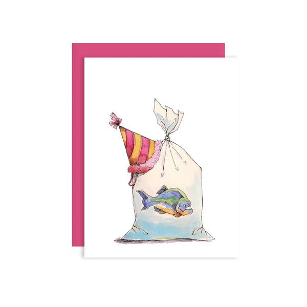 By Paper Wilderness. Party Piranha Card. This piranha looks like he's ready to gobble up some fun! Perfect for a birthday or any celebratory occasion! Original watercolor illustration printed on 100 lb. premium cover bristol paper. Blank inside for your message. Comes with a hot pink paper envelope. Also available in store at FOLD Gallery DTLA