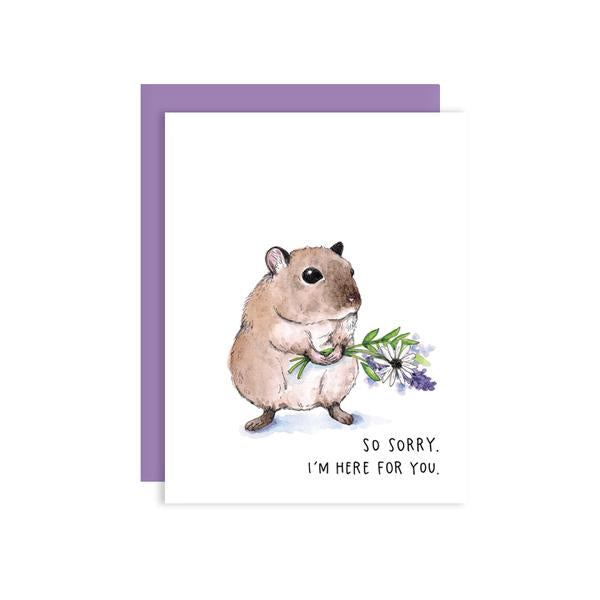 By Paper Wilderness. Sympathy Mouse Card. Original watercolor illustration printed on 110 lb. premium bright white cover paper. Blank inside for your message. Comes with a purple paper envelope in a protective cellophane sleeve. Measures 4.25 x 5.5 inches. Also available in store at FOLD Gallery DTLA.