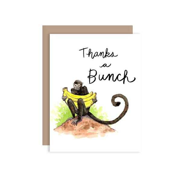 By Paper Wilderness. Thanks a Bunch Monkey Card. Thank them with this cute little monkey and his bunch of bananas! Original watercolor illustration printed on 100 lb. premium cover bristol paper. Blank inside for your message. Comes with a kraft paper envelope in a protective cellophane sleeve. 4.25 x 5.5 inches. Also available in store at FOLD Gallery DTLA.