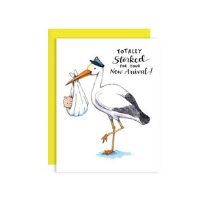 By Paper Wilderness. Totally Storked Card. Tell them how stoked you are for their new baby with this cute stork and his little bundle! Original watercolor illustration printed on 100 lb. premium bright white cover paper. Blank inside for your message. Comes with a yellow paper envelope in a protective cellophane sleeve. Also available in store at FOLD Gallery DTLA.