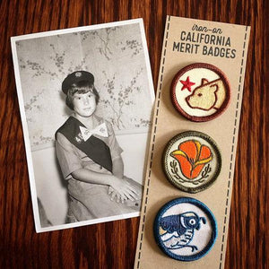 By Poppy & Quail. Set of three iron-on embroidered CA Merit Badge Patches featuring California designs. Each patch measures 1.25 inches. Also available in store at FOLD Gallery in DTLA.