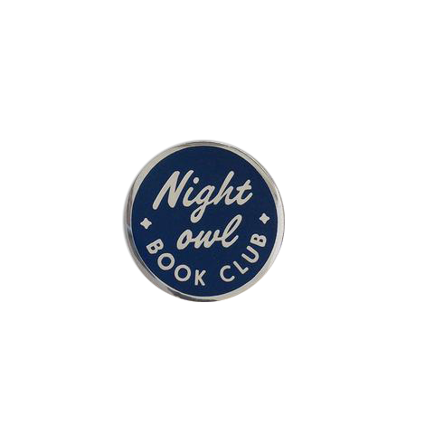 by Rather Keen. Night Owl Book Club Pin. "Sleep is good, and books are better." —Tyrion Lannister. Dark blue cloisonne hard enamel pin in silver-colored metal. Black rubber clasp. Measures 3/4 inches. Also available in store at FOLD Gallery DTLA.