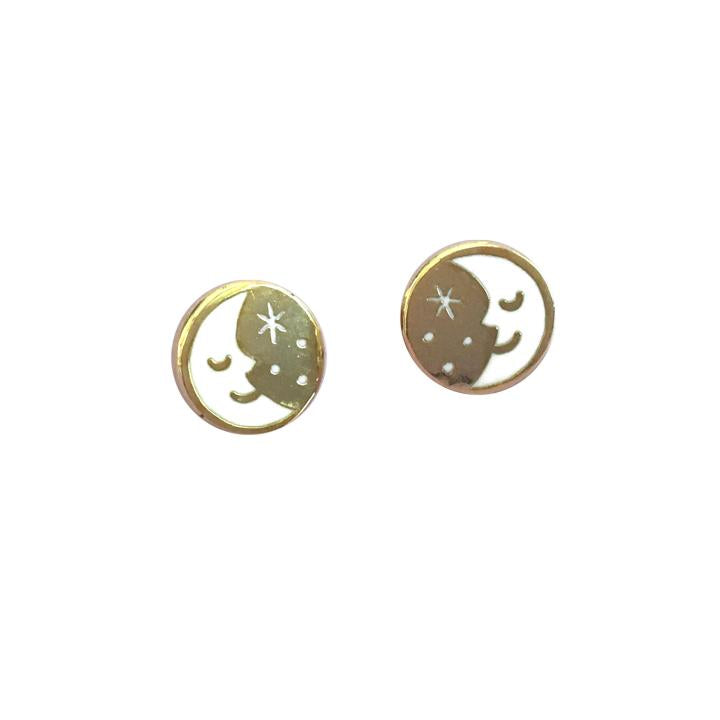 By Rather Keen. Sleepy Moon Stud Earrings. 22k gold-plated stud earrings. Nickel-Free! Please note that due to everyone’s monitor displaying differently, the colors you see may vary. Measures 10 mm wide.
