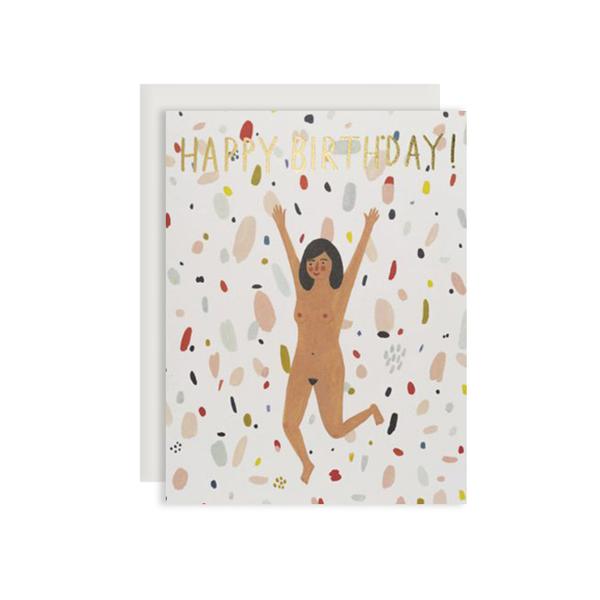 By Red Cap Cards. The Birthday Suit Card is printed on 100lb heavyweight cardstock with foil detail. Blank inside for a personal message. Illustrated by Kate Pugsley. Please note that due to everyone’s monitor displaying differently, the colors you see may vary. Measures 4.25 x 5.5 inches.